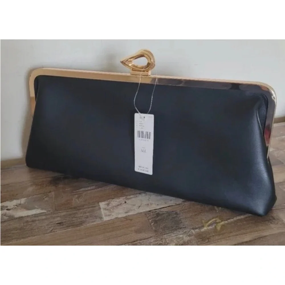 Anthropologie‎ NWT Claire Vegan-Leather  Turn Lock Black Clutch - Picture 3 of 7